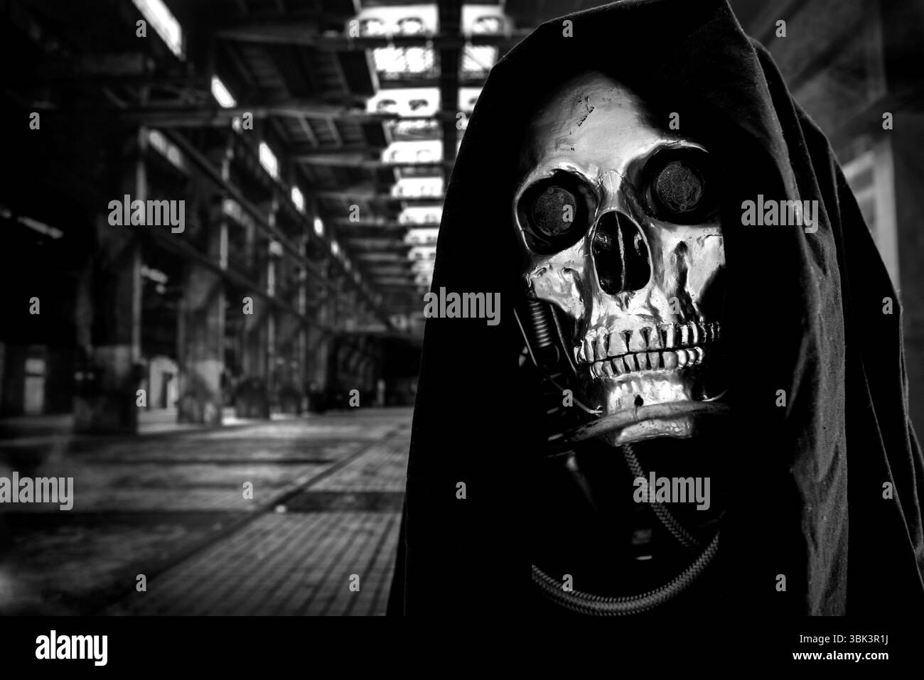 Cranio di una dimensione umana isolata robot su nero Foto Stock