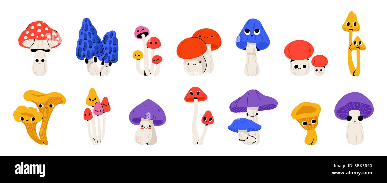 Carattere funghi. Simpatici funghi della foresta di kawaii con volti divertenti, fumetti commestibili in autunno e personaggi di piante di funghi avvelenati con emozioni. Vettore Illustrazione Vettoriale