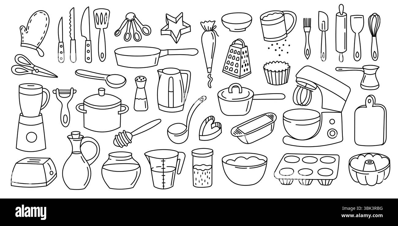 Utensili da cucina Doodle. Utensili da cucina a filo, attrezzature da cucina disegnate a mano, posate, cucchiaio, pentola per coltelli, elementi da cucina per ristoranti a cartoni animati Illustrazione Vettoriale