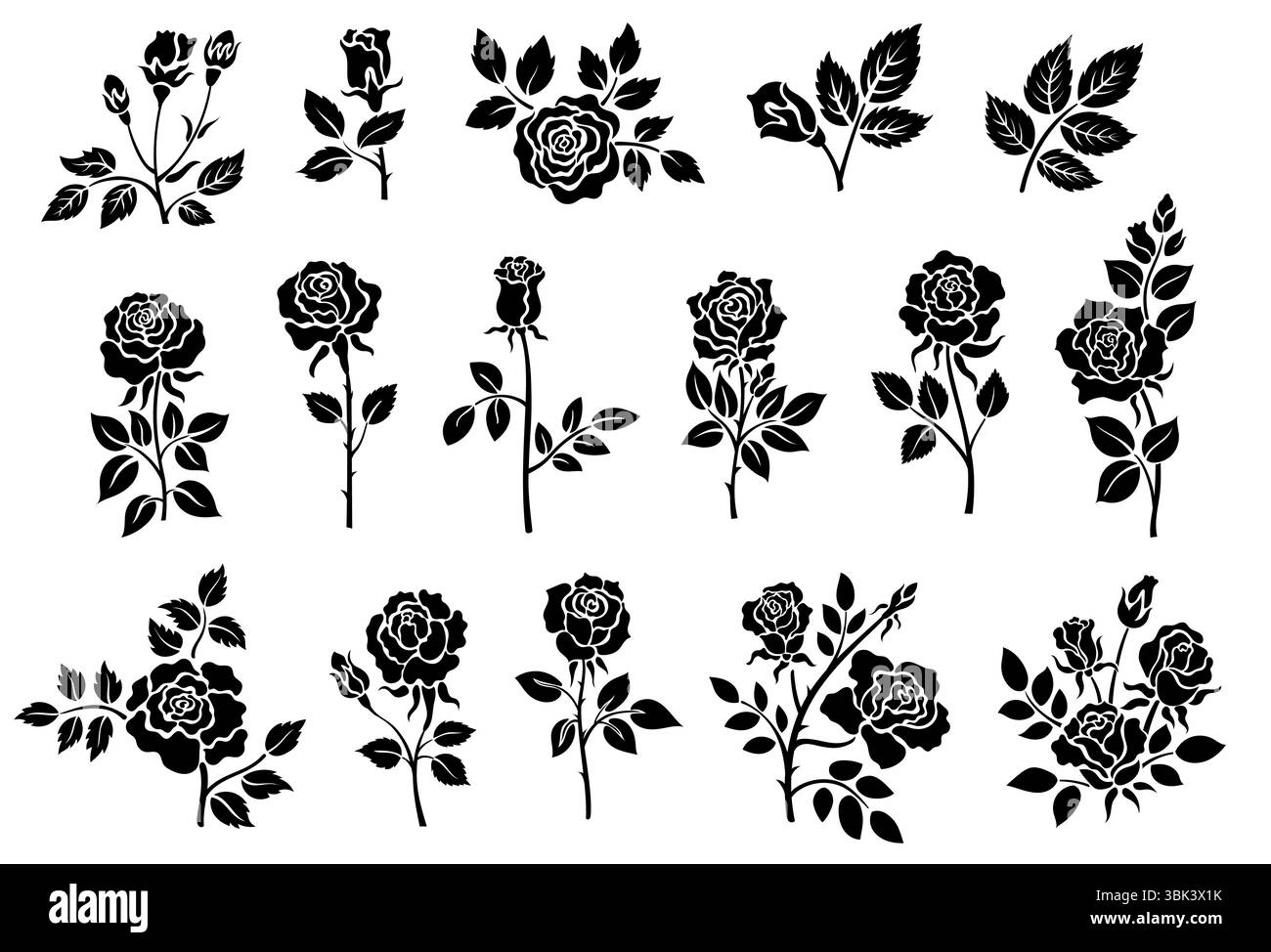 Silhouette rosa nera. Elementi floreali per tatuaggi, rose astratte icone di fiori in fiore, icone di stelo di foglie di rose botaniche per il design del tatuaggio. Vettore Illustrazione Vettoriale