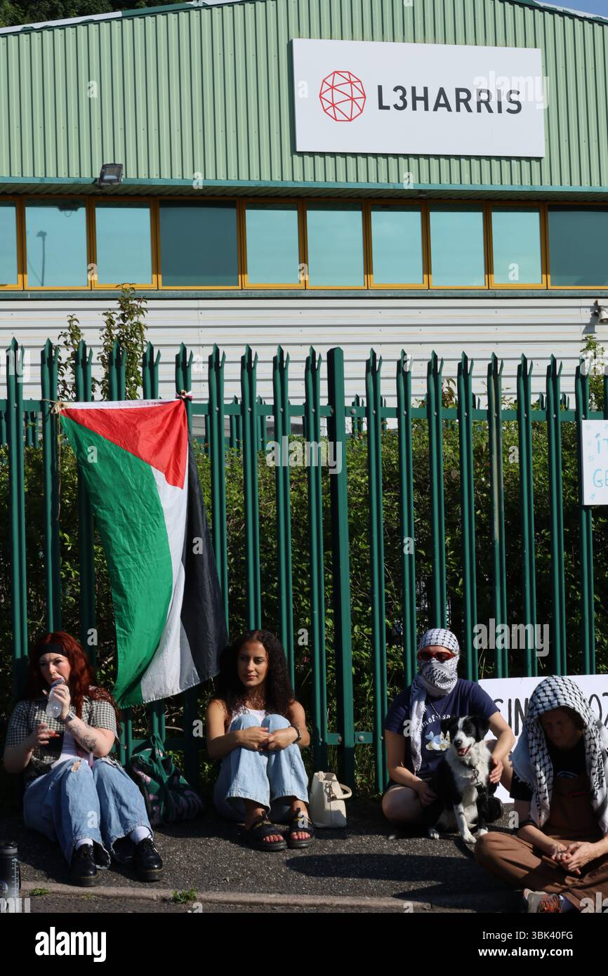 Brighton, Regno Unito. 17 giugno 2025. Gli attivisti si riuniscono fuori dai locali della fabbrica di armi Brighton L3 Harris, che produce parti per i jet da combattimento utilizzati dall'esercito israeliano. I manifestanti hanno mostrato striscioni e slogan cantati chiedendo la chiusura della fabbrica e accusandola di complicità nel "genocidio” israeliano in corso a Gaza, con diversi momenti di silenzio trattenuti per le vittime di Gaza. L3Harris è un importante produttore di armi che produce meccanismi di rilascio di bombe per i caccia F-16 e F-35 utilizzati dall'esercito israeliano nel loro attacco a Gaza. Crediti: IMAGESLIVE/Alamy Live News Foto Stock