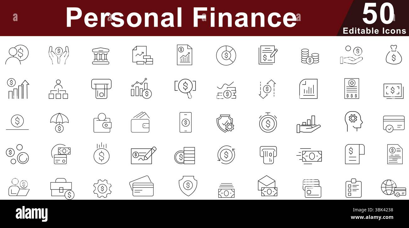 Set di icone Finanza personale - 50 icone di gestione del denaro modificabili per raccolta vettoriale di pianificazione bancaria, investimenti e budget Illustrazione Vettoriale