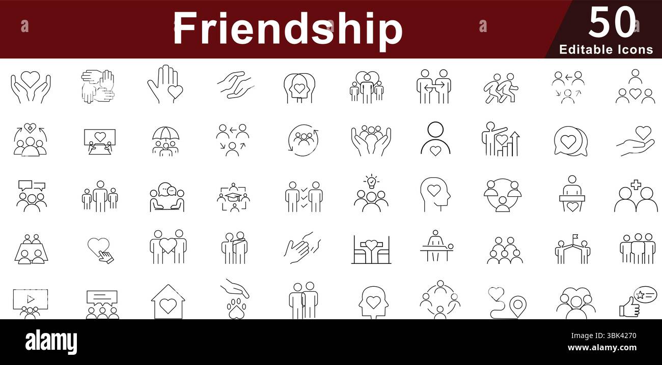 Set di icone sociali di amicizia - 50 icone della community di relazioni modificabili per la raccolta di vettori Connection, Support e Social Interaction Illustrazione Vettoriale