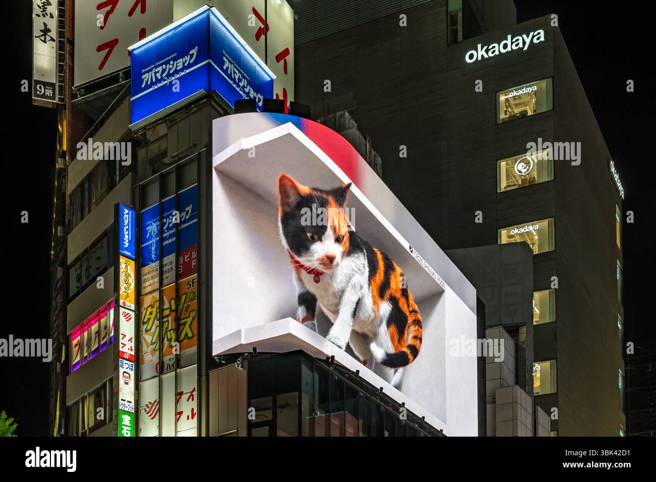 Gigantesco cartellone digitale 3D che mostra un gatto che sembra uscire dallo schermo in cima al Cross Shinjuku Building, Tokyo Foto Stock