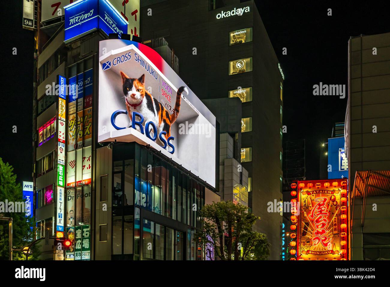Gigantesco cartellone digitale 3D che mostra un gatto che sembra uscire dallo schermo in cima al Cross Shinjuku Building, Tokyo Foto Stock