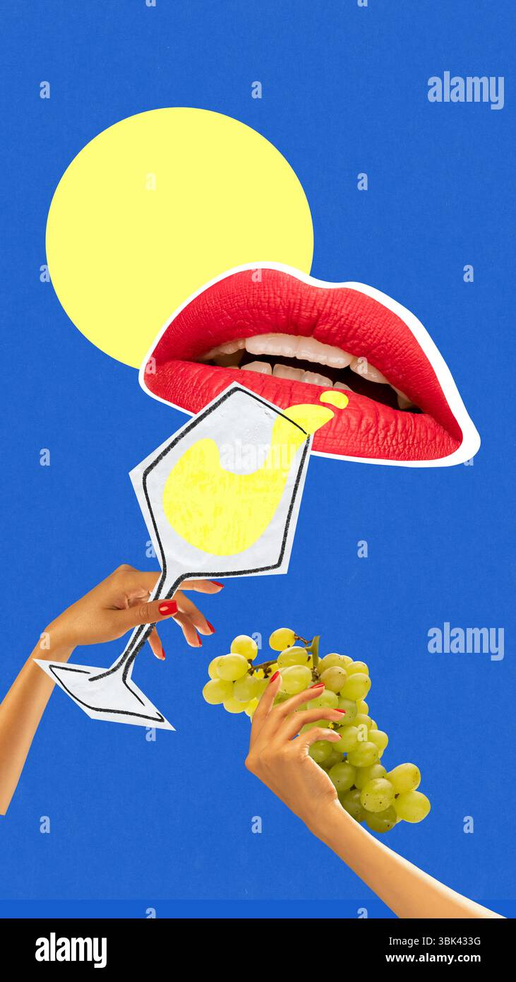 Rivisitazione stilizzata di labbra sorseggiando vino giallo con uva sotto il sole stilizzato. Design editoriale Foto Stock