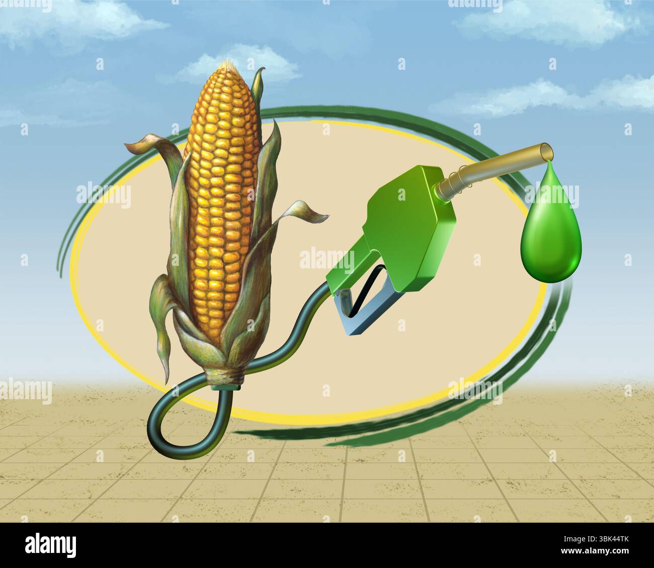 Produzione di biocarburanti a partire dal mais. Illustrazione digitale. Foto Stock