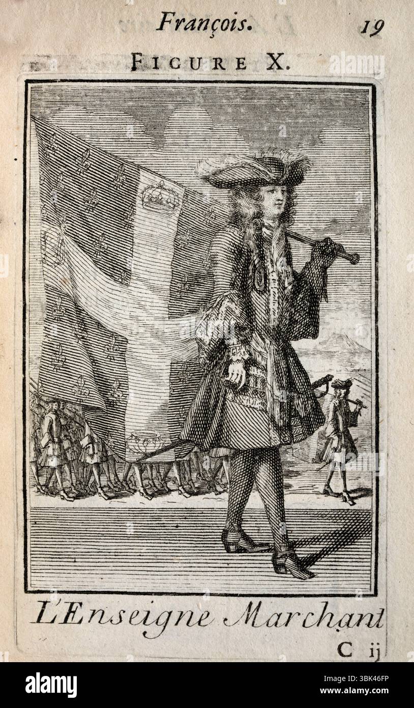 Storia militare francese, ufficiale che porta il distintivo o la bandiera, l'Art Militaire Francois, Arte militare francese, fine XVII secolo, 1696 illustrazione d'epoca Foto Stock