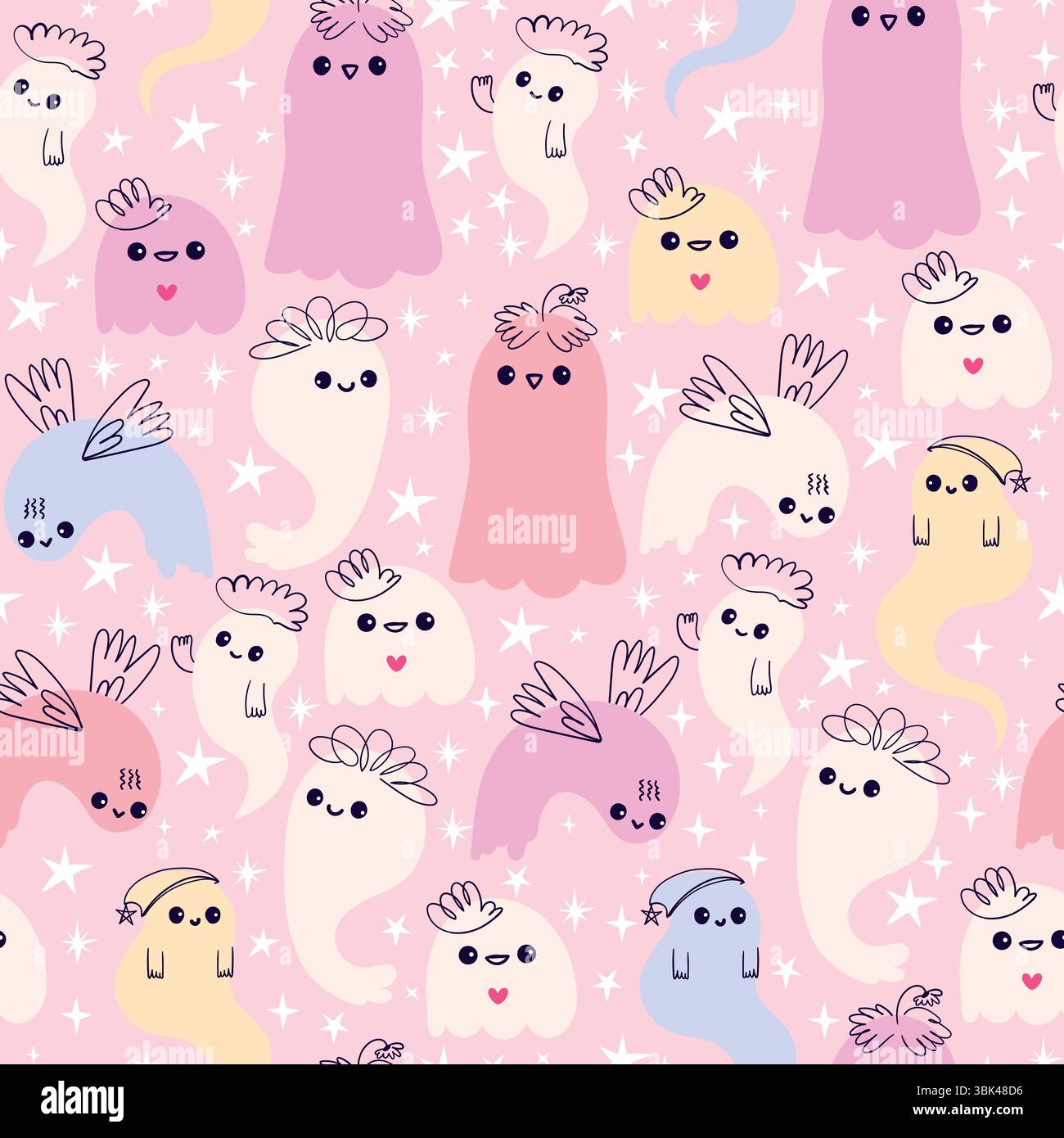 Graziosi fantasmi pastello con decorazioni stravaganti in stile disegnato a mano. Morbido motivo Halloween senza cuciture per bambini. Personaggi fantasma affascinanti e amichevoli con Illustrazione Vettoriale