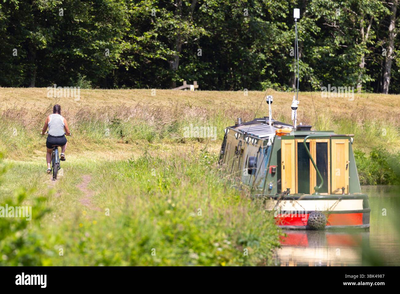 Kidderminster, Regno Unito. 18 giugno 2024. Meteo nel Regno Unito: Una ciclista su un sentiero del canale durante una giornata di sole a giugno nelle Midlands. Oggi la temperatura sta aumentando rapidamente raggiungendo un livello molto confortevole di 25 gradi celsius . Crediti: Lee Hudson/Alamy Live News Foto Stock
