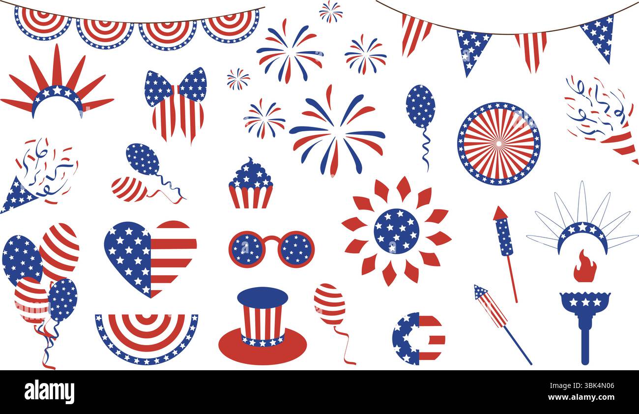 Set di simboli nazionali per la celebrazione degli Stati Uniti entro il 4 luglio. Ideale per progetti dell'American Independence Day, inviti a feste, striscioni e Illustrazione Vettoriale
