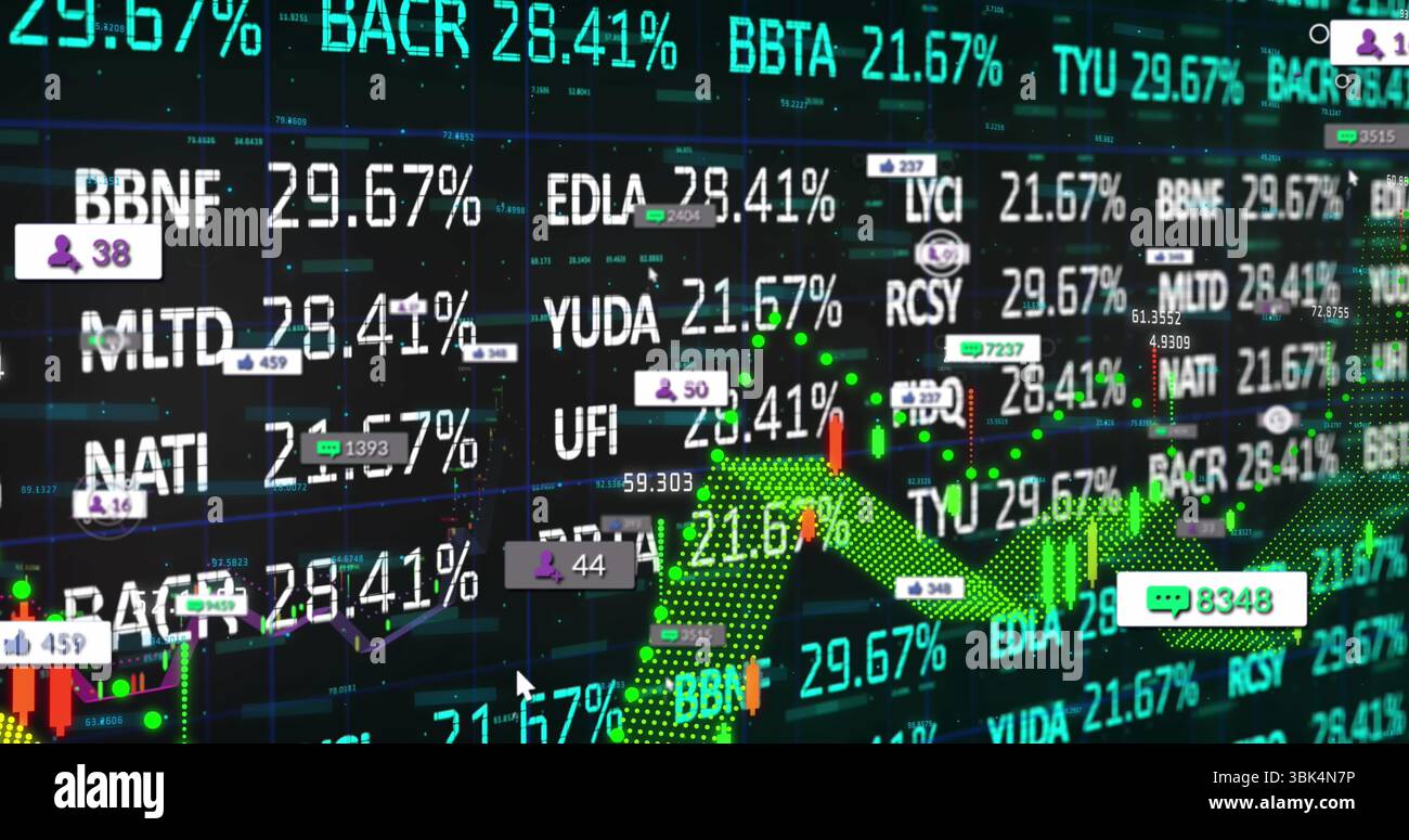 Visualizzazione del dashboard finanziario presso il terminale di trading, con grafico a freccia in aumento e metriche social Foto Stock