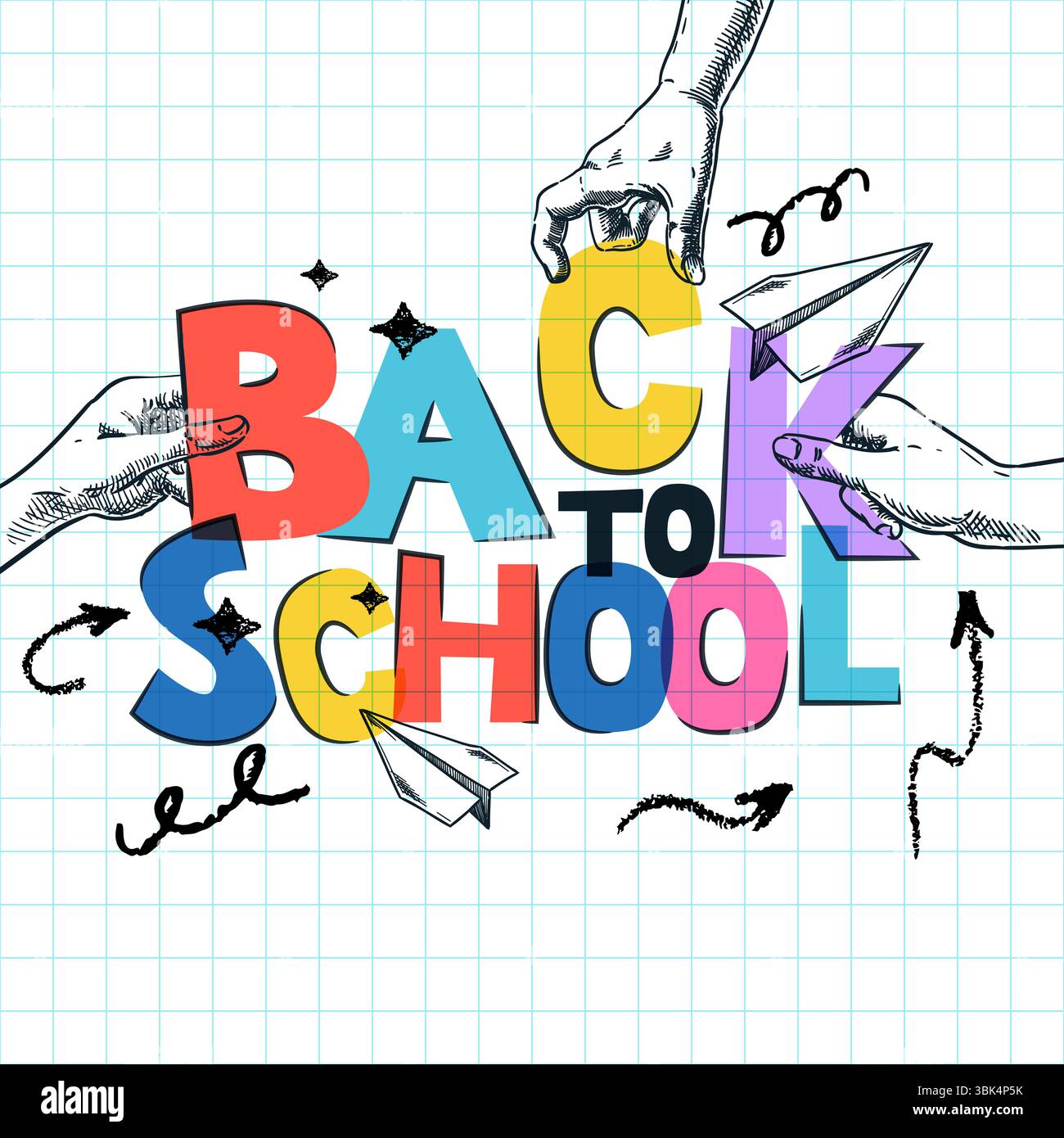 Elementi di design per banner o poster per il ritorno a scuola. Lettere vivaci nelle mani dei bambini. Illustrazione del collage dello schizzo disegnato a mano vettoriale. Concetto educativo Illustrazione Vettoriale