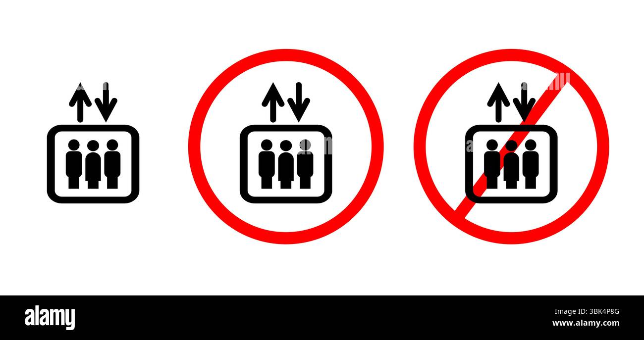 Segnaletica dell'ascensore che indica i limiti di capacità e le linee guida per un utilizzo sicuro nelle aree pubbliche. Illustrazione vettoriale Illustrazione Vettoriale