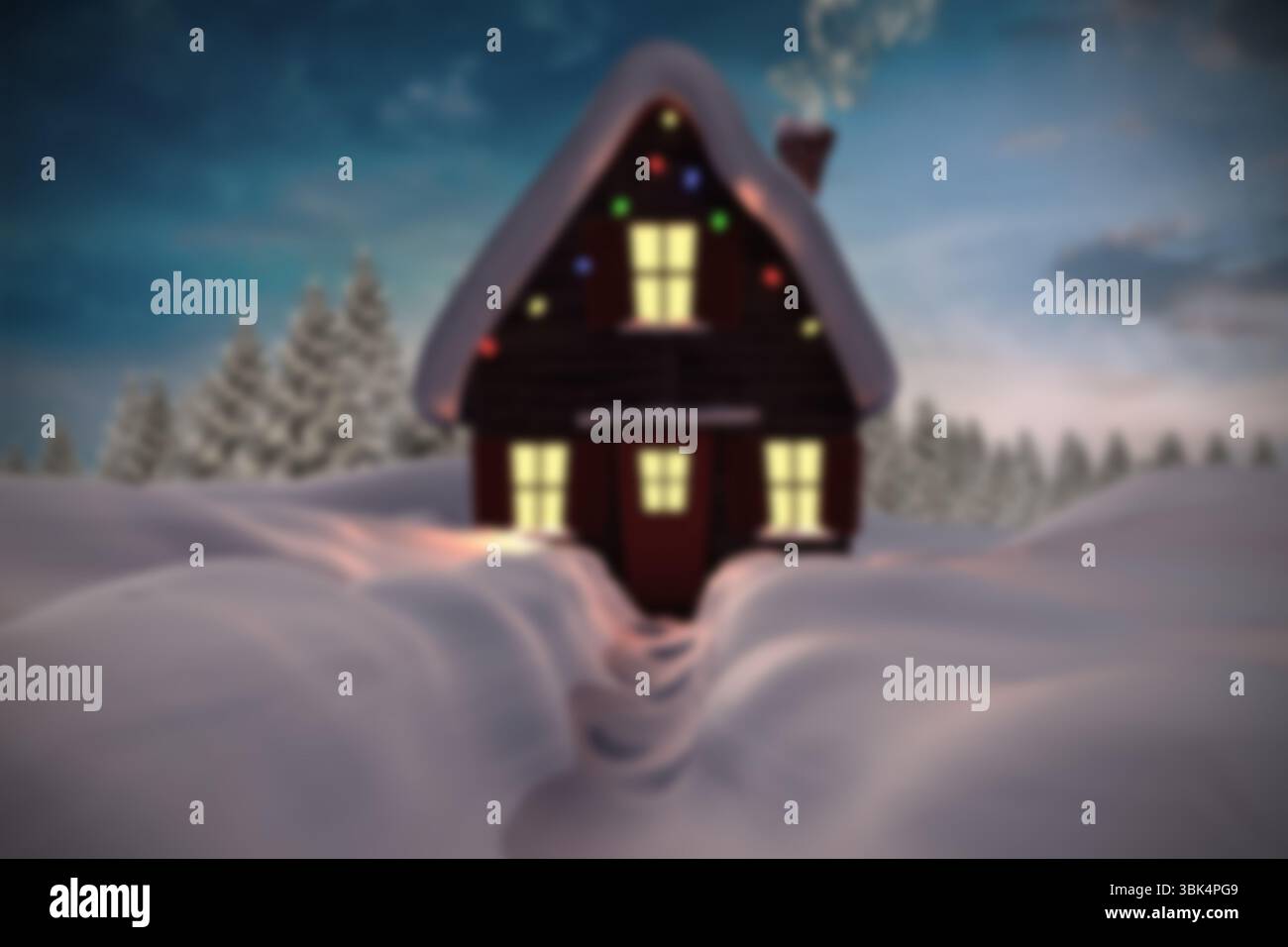 Vettore piatto che mostra l'abitacolo illuminato da luci colorate che emettono fumo lungo il percorso libero tra i pini Foto Stock