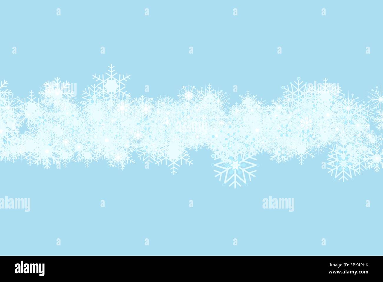 Design piatto che mostra la fascia centrale di fiocchi di neve bianchi sovrapposti che fluttuano su sfondo azzurro Foto Stock