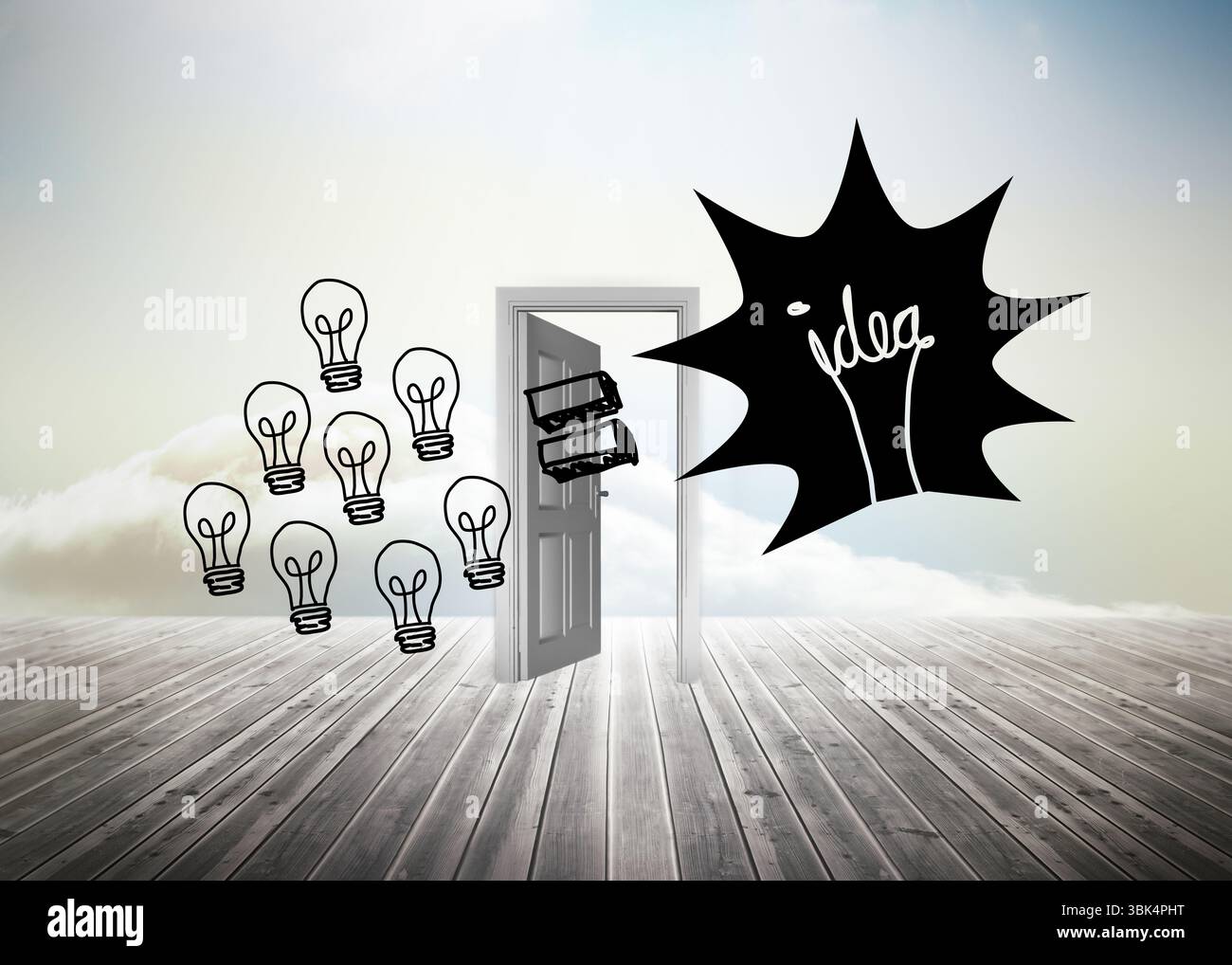 Design concettuale che mostra la porta aperta sul ponte sotto il cielo in pendenza con lampadine che oscillano idea Starburst Foto Stock