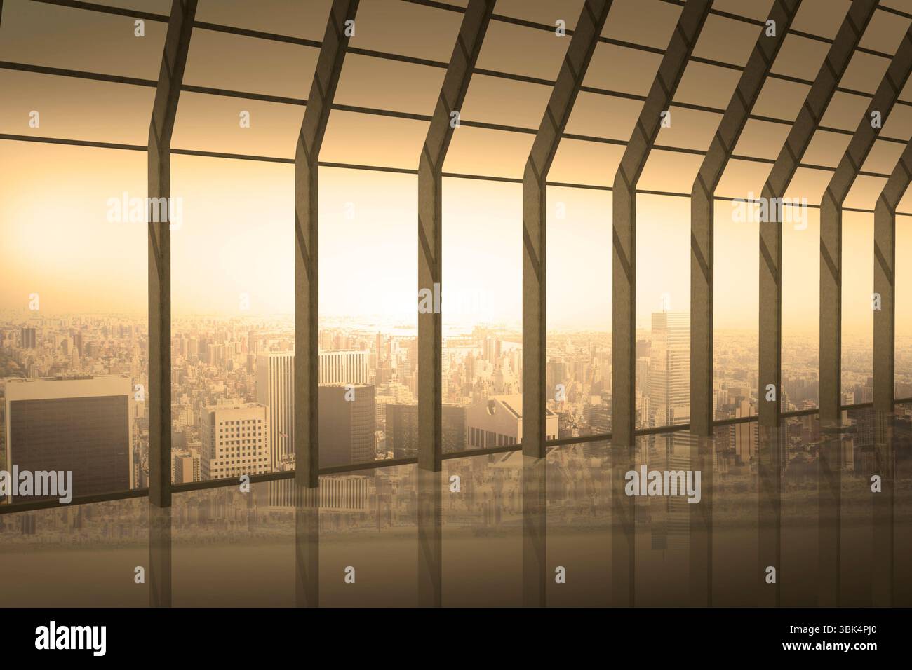 La facciata panoramica in vetro presenta pavimento riflettente e travi verticali in metallo dal design piatto Foto Stock