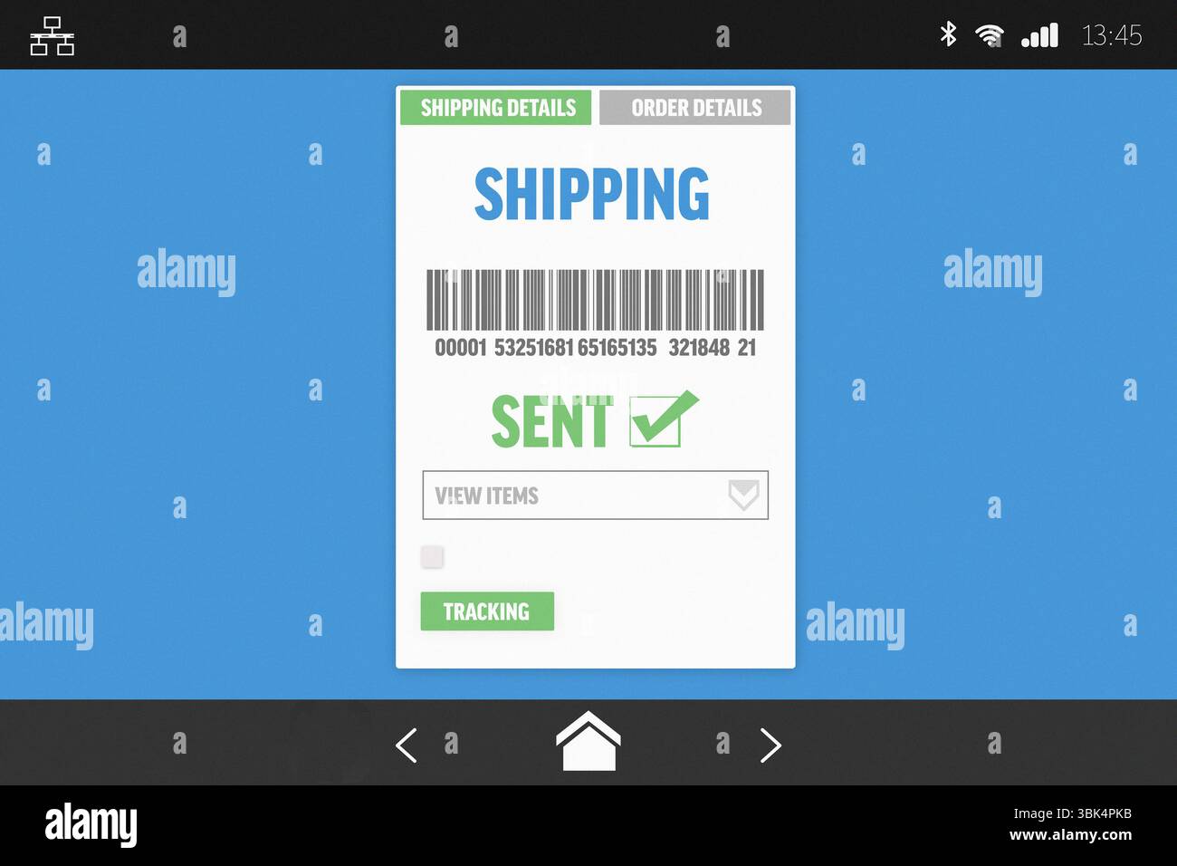 Visualizzazione del pannello di spedizione del touchscreen dal design piatto con codice a barre, schede, casella di controllo, pulsante di tracciamento Foto Stock
