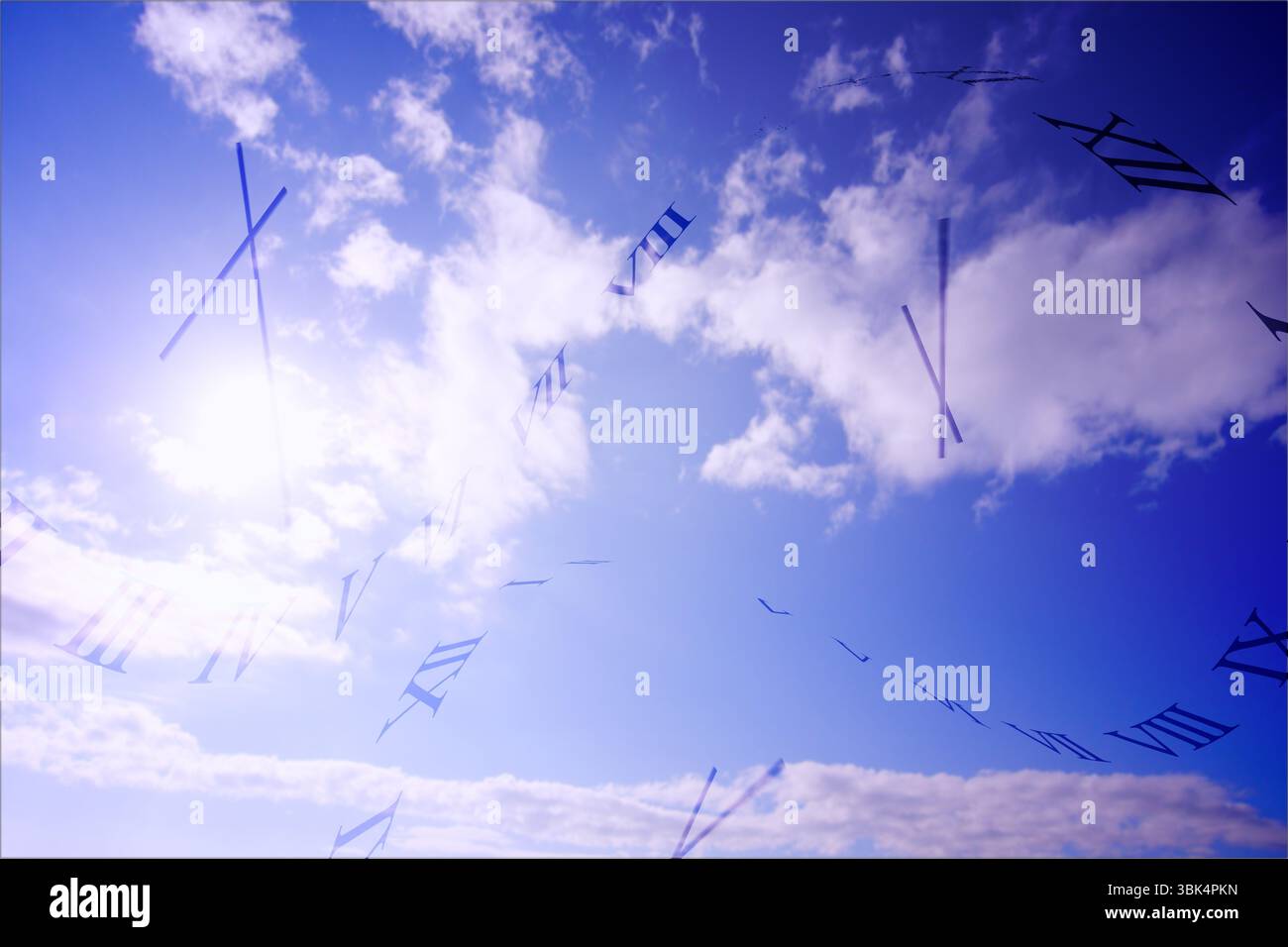 I numeri romani fluttuanti e le lancette dell'orologio si spostano attraverso il cielo vettoriale piatto con sole e nuvole Foto Stock
