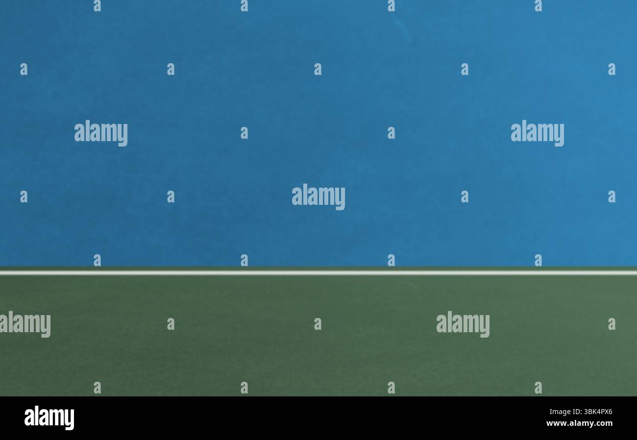 Il campo da tennis dal design piatto presenta una tomaia verde inferiore blu e separata da una linea bianca Foto Stock