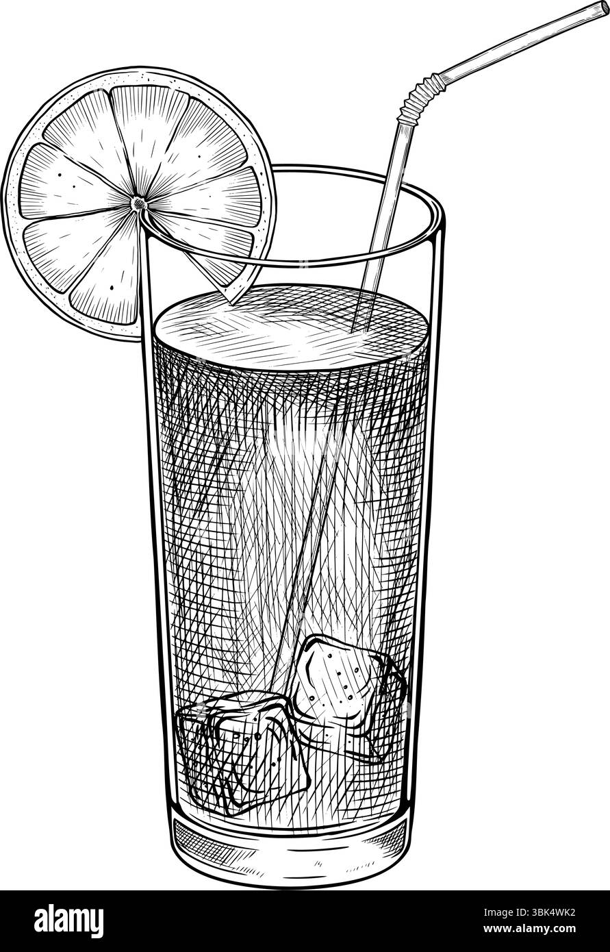Illustrazione vettoriale disegnata a mano di una bevanda fredda agli agrumi in un bicchiere alto con ghiaccio, fetta di limone e paglia. Disegno lineare di un cocktail arancione per il design del menu, le ricette estive o il branding del bar. Illustrazione Vettoriale