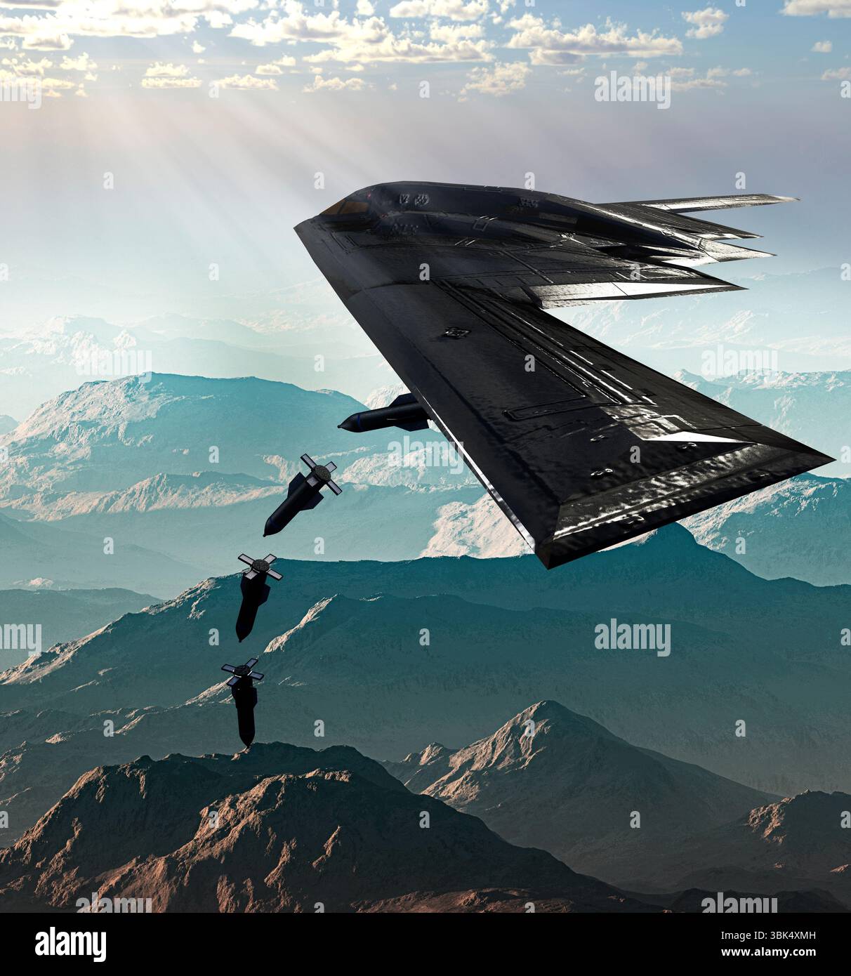 B-2 Spirit, Stealth Bomber, bombardiere strategico pesante, tecnologia stealth progettata per penetrare nelle fitte difese antiaeree e GBU-57 MOP Foto Stock