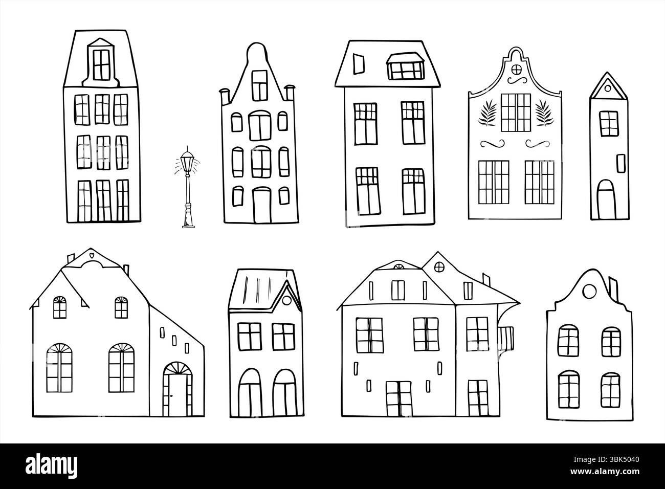Set vettoriale monocromatico di case europee in stile gotico con architettura. Sagome cittadine per libri di fiabe e giochi storici Illustrazione Vettoriale