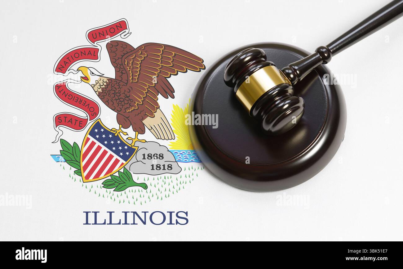 Legge dello stato dell'Illinois, sistema legale americano e concetto di giustizia con vista dall'alto di un martelletto sulla bandiera Illinoisan. Foto Stock