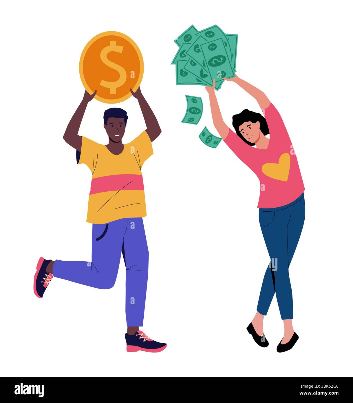 Persone con le monete. Donna cartoni animati che tiene in mano banconote cumulo. Uomo felice che porta soldi d'oro. Profitto finanziario. Successo degli investimenti. Risparmio di denaro. Pose milionarie. Ricchezza economica. Set di persone ricche di vettori Illustrazione Vettoriale