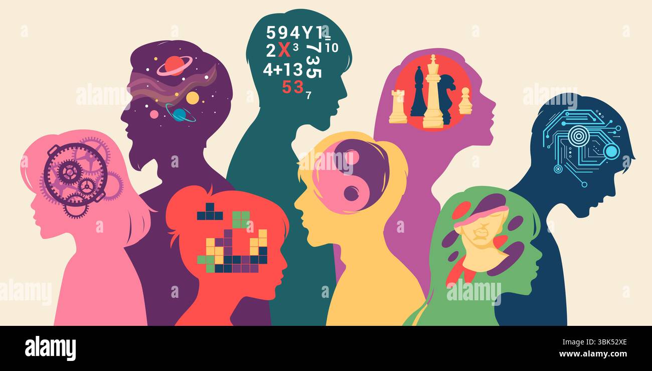 Persona autistica. Mente mentale ADHD. Profilo neurologico. Silhouette a colori della testa umana. Talenti creativi. Mente tipica. Pensiero razionale e logico. Personalità mentale. Concetto di psicologia vettoriale Illustrazione Vettoriale