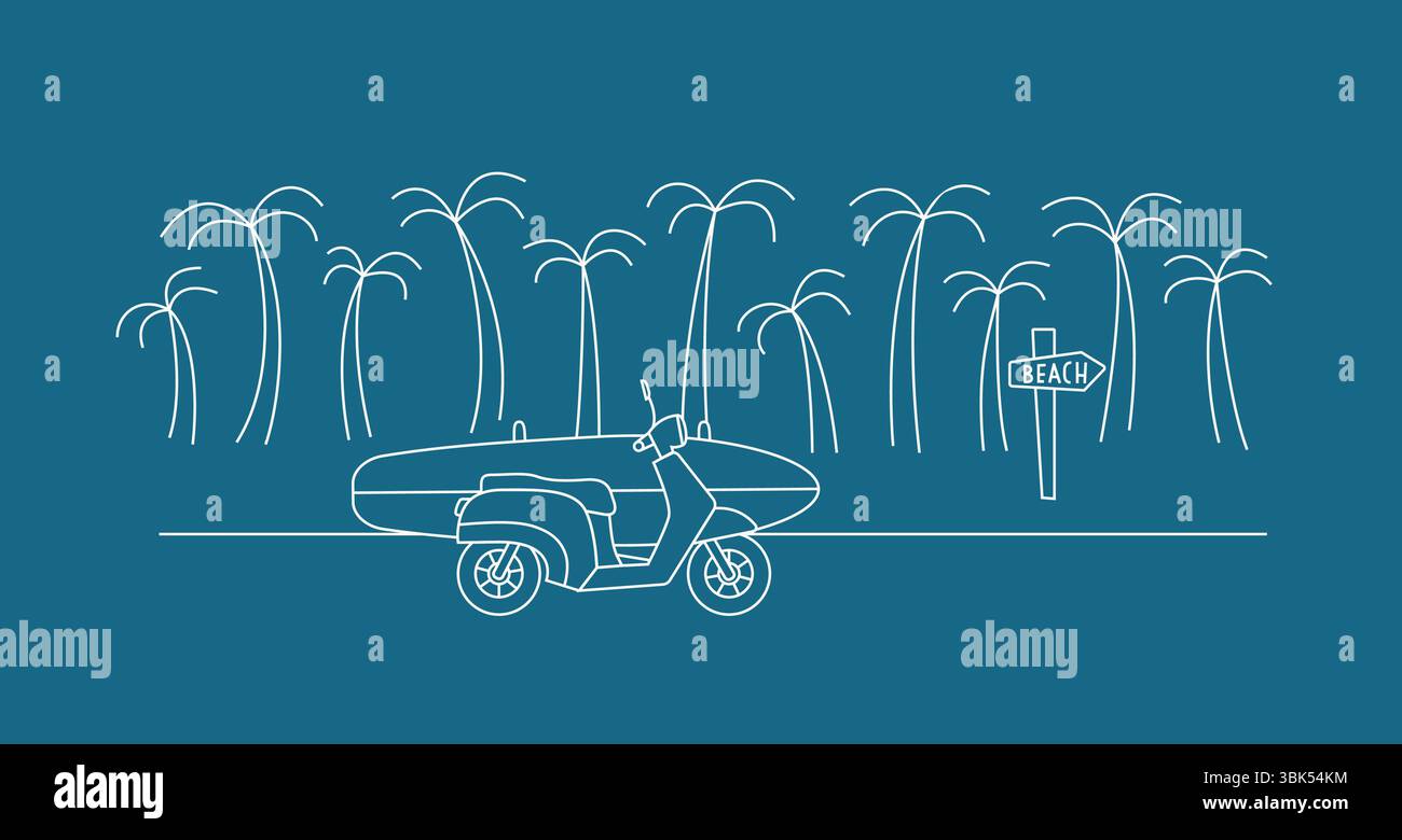 Delinea il paesaggio tropicale con palme, moto con illustratore vettoriale di tavole da surf. T shirt Island surf Vibe, design merch, template. Illustrazione Vettoriale