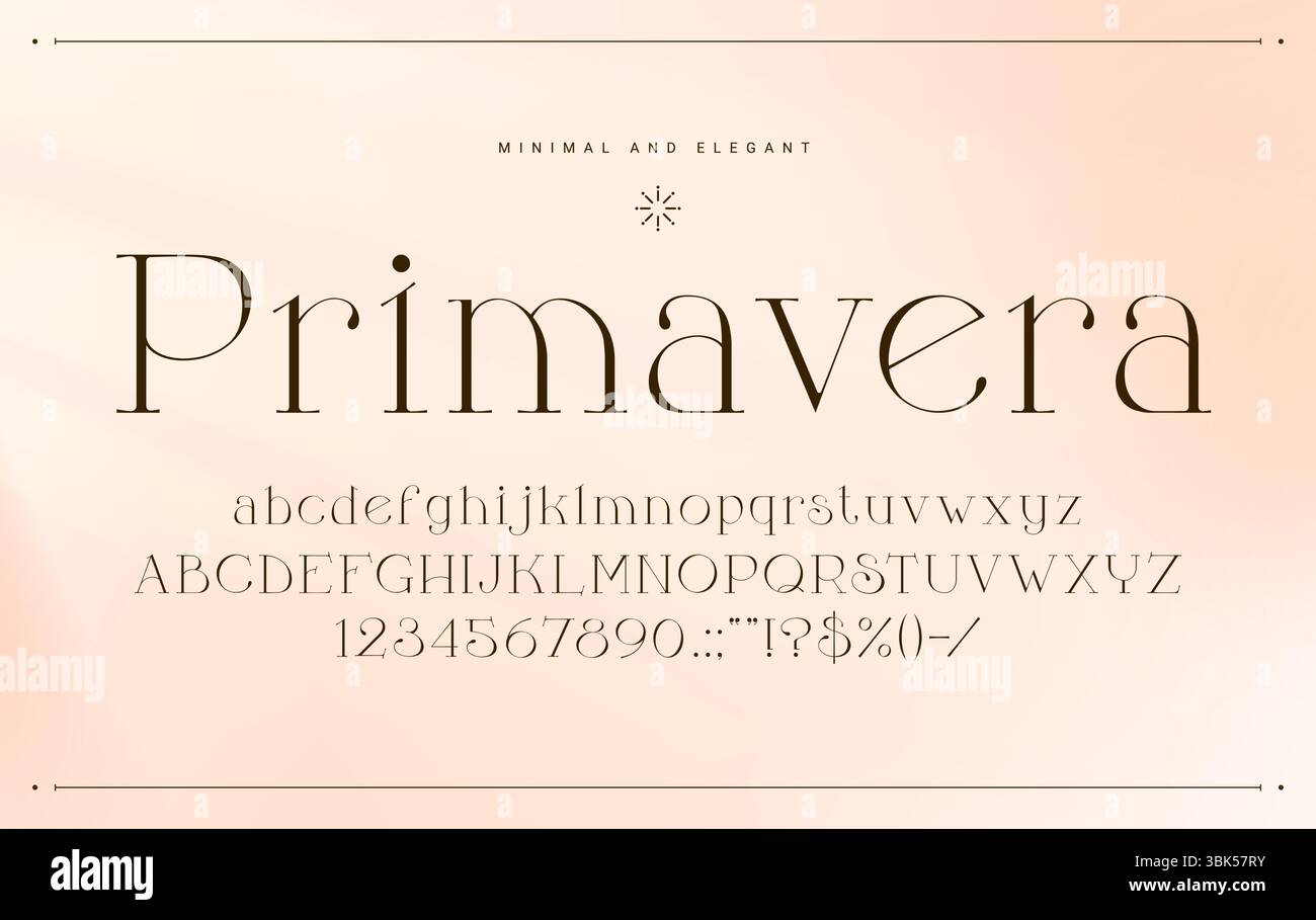 Carattere minimal ed elegante, tipo glamour, carattere di lusso, alfabeto reale inglese. Eleganti simboli alfabetici numerici e di punteggiatura, caratteri di carattere minimi, lettere vettoriali e numeri o numeri ABC Illustrazione Vettoriale