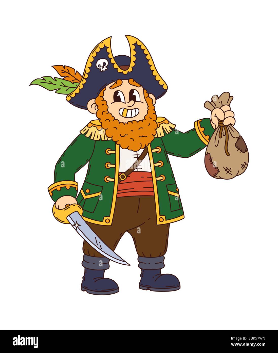 Il personaggio dei cartoni animati pirata e corsaro tiene in mano una pila di monete d'oro. Allegro capitano rover retrò con barba rossa e spade fidata. Il marinaio Vector indossa un cappello tricorn e un cappotto verde Illustrazione Vettoriale