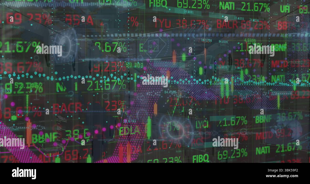 Analisi di due trader che indossano tute che esaminano i dati di mercato nel reparto di negoziazione, con grafici a candeliere Foto Stock