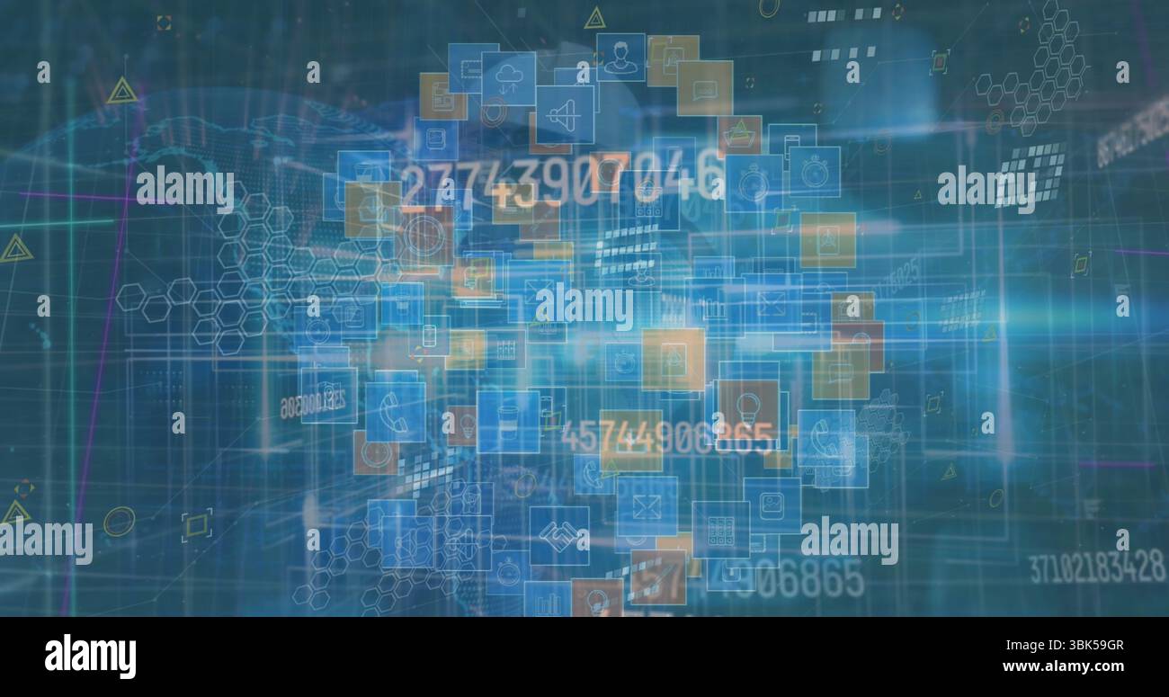 Pannelli dati traslucidi mobili che visualizzano icone, numeri nella griglia esadecimale di rete, simboli di avvertenza Foto Stock