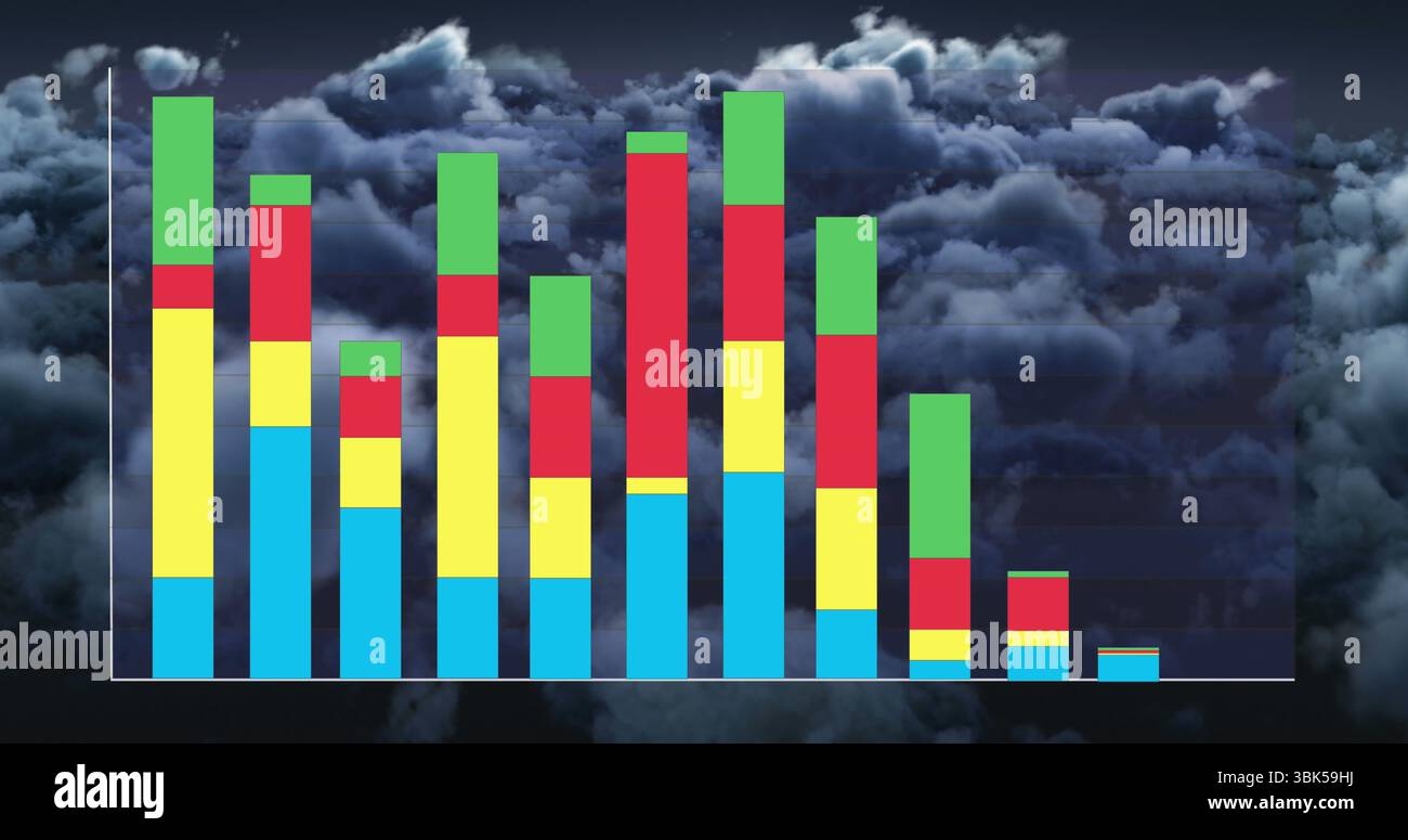 Visualizzazione del grafico a barre impilato con segmenti colorati su sfondo scuro con cielo nuvoloso con assi bianchi Foto Stock Visualizzazione del grafico a barre impilato con segmenti colorati su sfondo scuro con cielo nuvoloso con assi bianchi Foto Stock