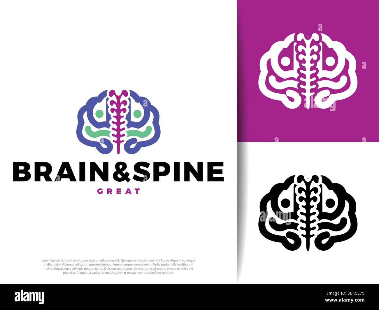 Icona minimalista del cervello e della colonna vertebrale che rappresenta neuroscienze, neurologia e salute della colonna vertebrale. Simbolo vettoriale pulito ideale per applicazioni mediche, cliniche, educazioni Illustrazione Vettoriale
