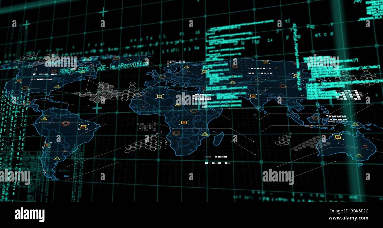 Visualizzazione del codice di streaming della mappa mondiale, delle connessioni sulla griglia, con cluster esadecimali e letture dell'interfaccia utente Foto Stock