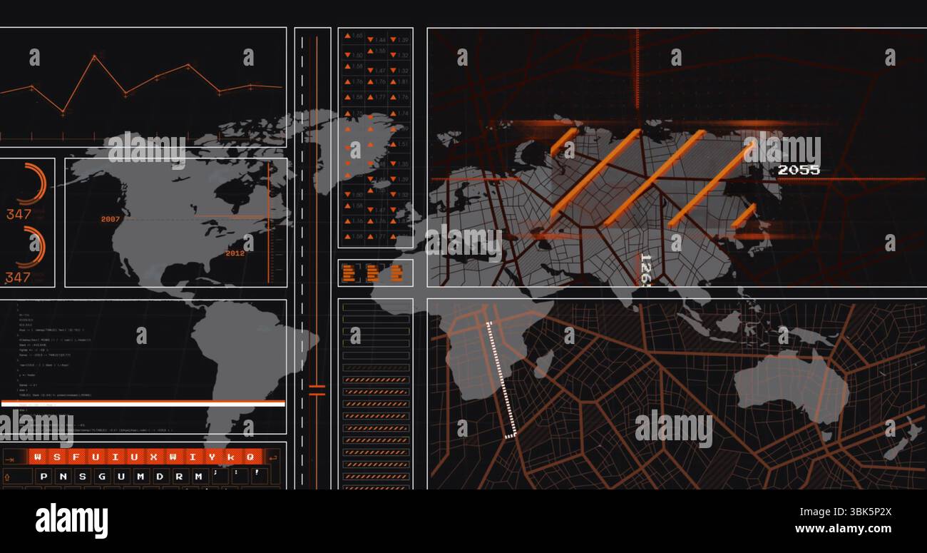 Visualizzazione dei pannelli del cruscotto nella console di controllo, con profili delle mappe mondiali e sovrapposizioni di istogrammi 3D. Foto Stock