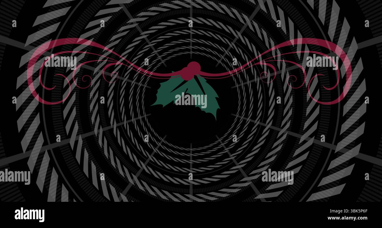 Foglie agrillate stilizzate, bacche rosse e ricci di vite in grafica astratta, con anelli concentrici grigi Foto Stock