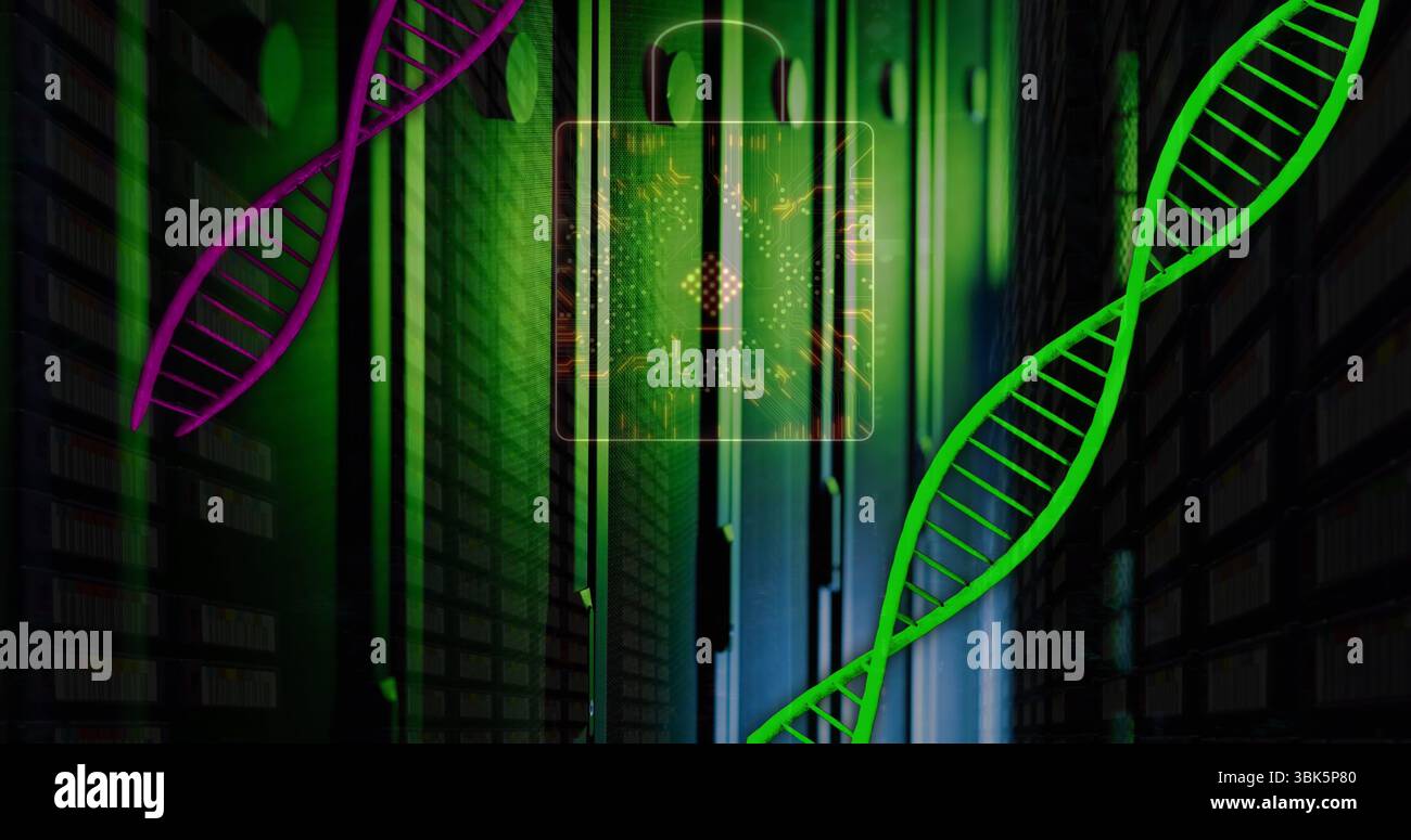 Evidenziando il DNA verde a doppia elica che galleggia nel corridoio della sala server, con rack e interfaccia circuito Foto Stock