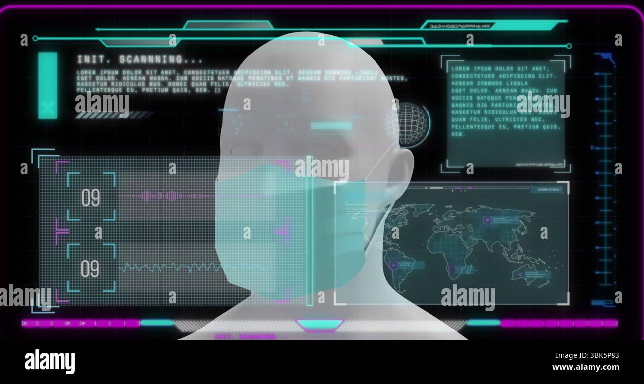 Mostra il busto della testa 3D che indossa una maschera chirurgica in ambiente di scansione, con pannelli olografici dell'interfaccia utente Foto Stock