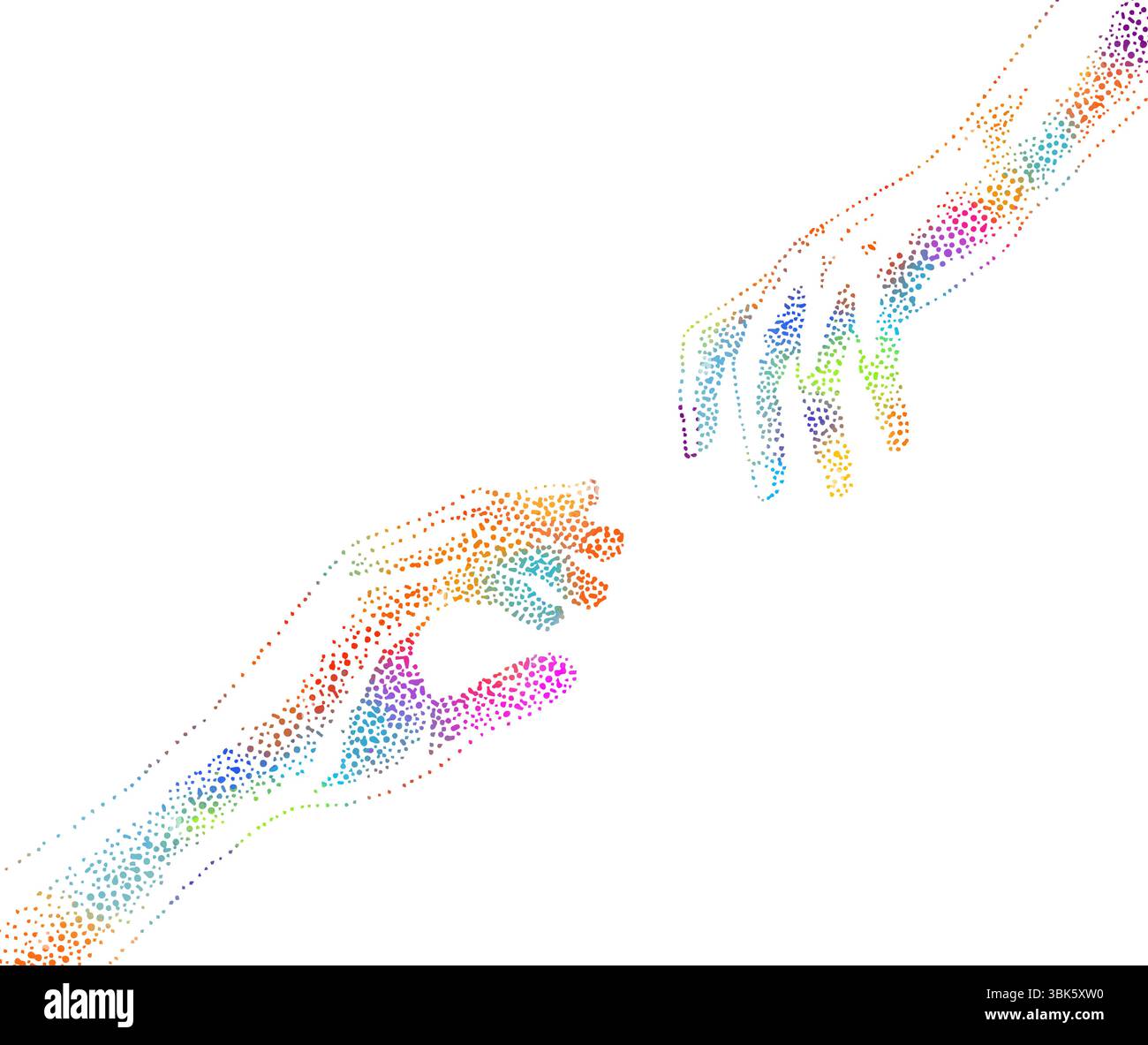 Le mani si avvicinano. Un concetto colorato per San Valentino. Illustrazione vettoriale stock. disegnato a mano. Non IA, Illustrazione Vettoriale