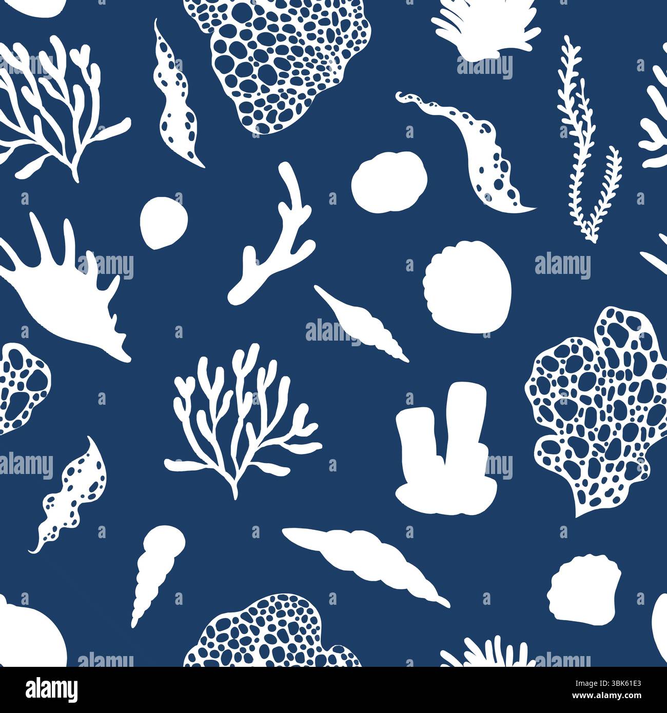 Shell senza cuciture e motivo corallino su sfondo blu Illustrazione Vettoriale