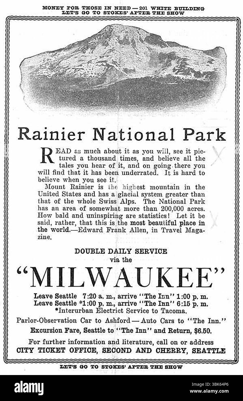 1913 servizio ferroviario per il Mount Rainier National Park ad. Il servizio ferroviario Chicago, Milwaukee & St. Paul da Tacoma a Mount Rainier. Foto Stock