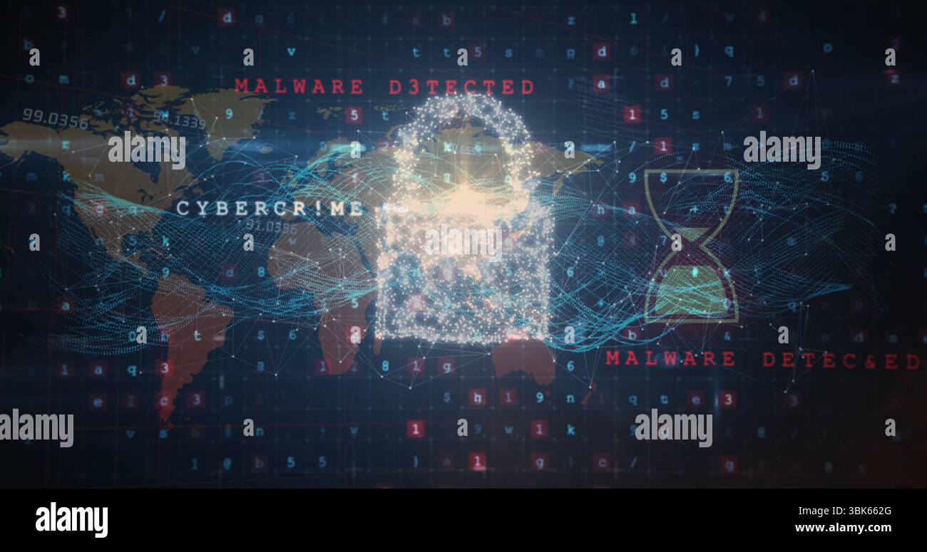 Visualizzazione dell'icona del lucchetto su cyber grid, mappa del mondo, onde, clessidra e etichette di CYBERCRIMINE o MALWARE Foto Stock