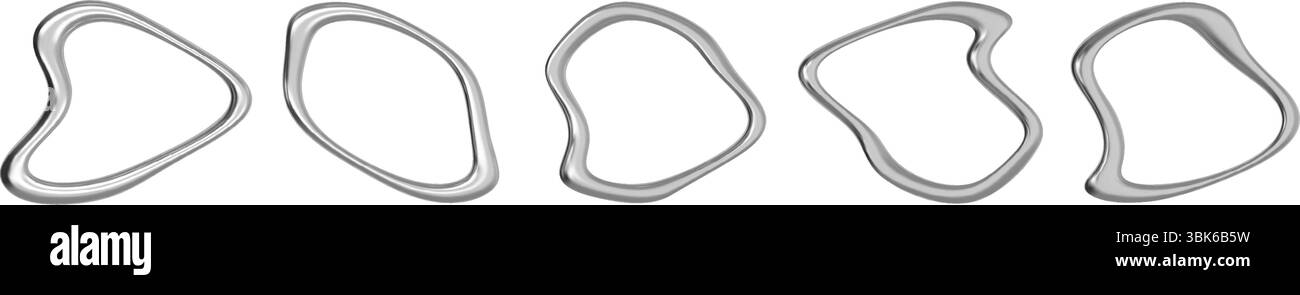 Anello in metallo cromato 3D con effetto liquido olografico e telaio circolare in acciaio. Forma astratta Blue Wave per logo futuristico o banner Cyberpunk Illustrazione Vettoriale