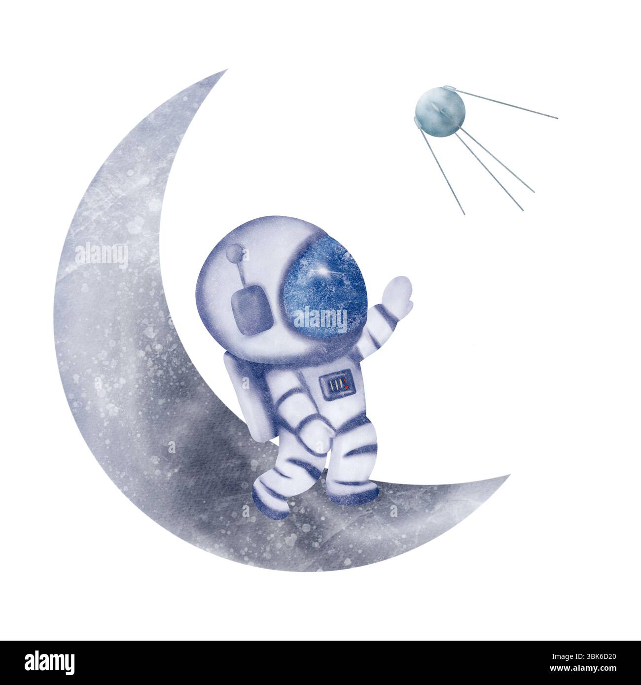 Bellissimo astronauta, cosmonauta con casco che rimane sulla mezzaluna, sulla luna e sul satellite. Illustrazione digitale acquerello Foto Stock