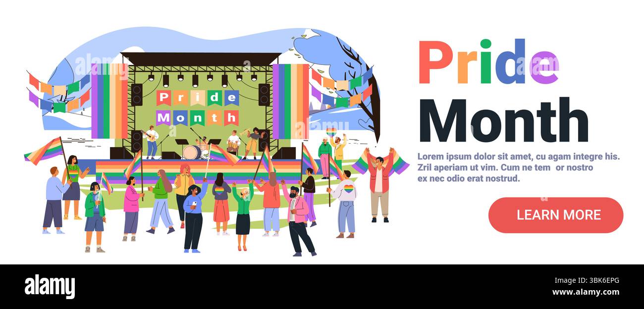 Festa del mese dell'orgoglio palco all'aperto concerto folla bandiere arcobaleno persone diverse decorazioni colorate landing page per eventi moderni Illustrazione Vettoriale